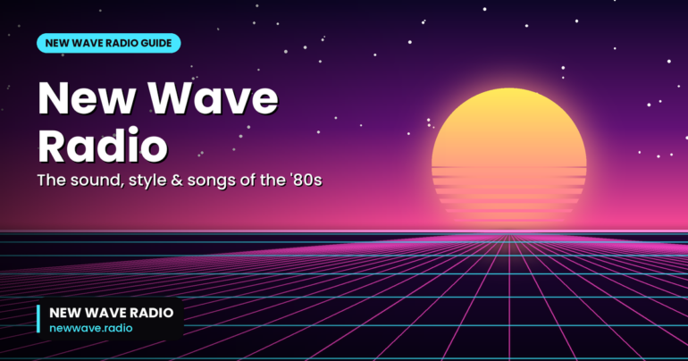 New Wave Radio graphic: synthwave striped sun over a neon grid with the headline New Wave Radio